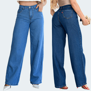 Kit 2 Calça Wide Leg Jeans Cos Alto 100% Algodão em Oferta na Shopee