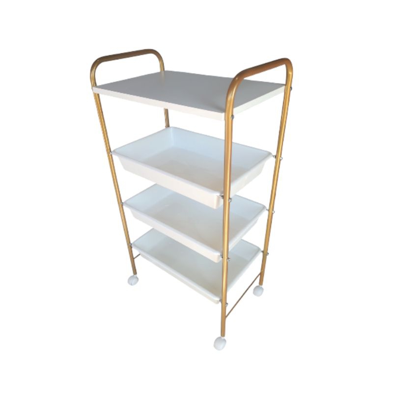 Carrinho Auxiliar Dourado 1 tampo MDF e 3 Bandejas