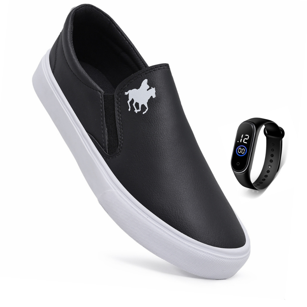 Tenis Slip On Iate Masculino Sapatenis Polo Sem Cadarço Solado Macio Leve Conforto + Relógio