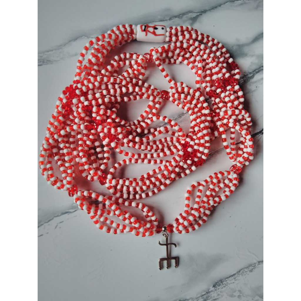 Brajá Guia 7 Fios de Contas Exu Zé Pilintra Malandro 60cm Vermelho Branco Dados Tridente