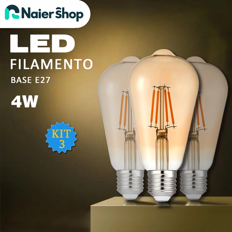 Kit 3 Lâmpada Filamento Led 4W ST64 Decorativa Retrô Vintage Branco-quente luminária de atmosfera