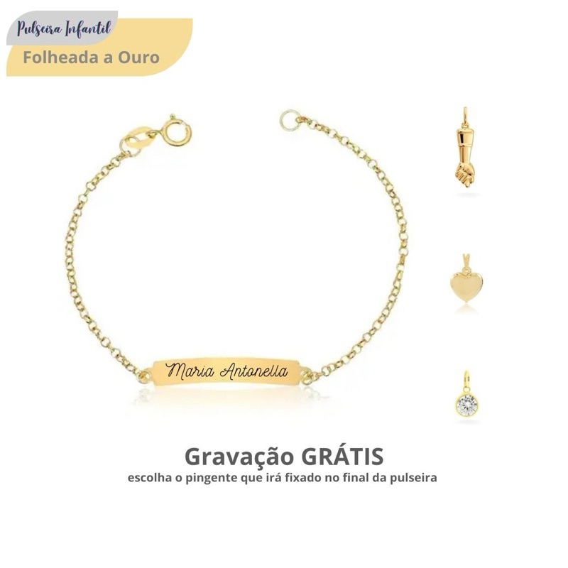 Pulseira Infantil Bebê Com Nome Gravado Folheada a Ouro 18k