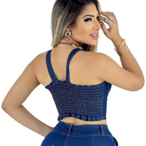 Cropped Top Jeans Com Alça Em Lycra Elastano Feminino Com Botão e Elastico Nas Costas