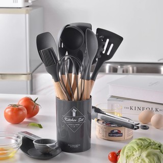 Jogo 13 Peças De Silicone/bambu Utensílios Cozinha - Madeira Kit  Utensílios De Cozinha Em Silicone E Cabo De Madeira