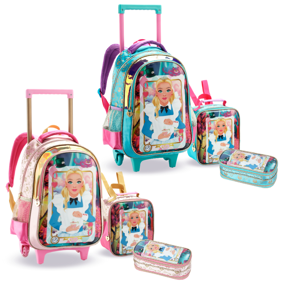Kit Mochila Infantil Menina Rodinha Alice Holográfica Bolsa Feminina Escolar com Lancheira Térmica e Estojo Duplo