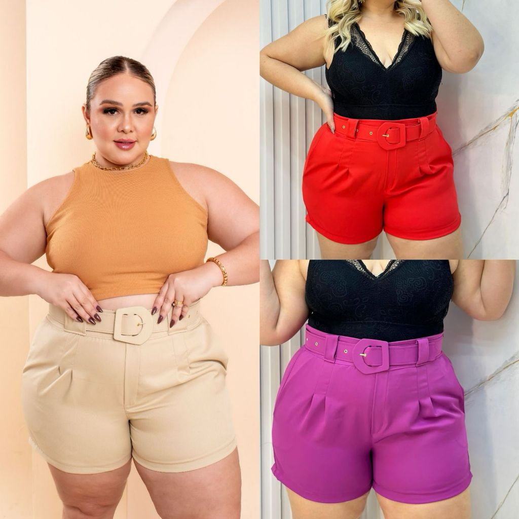 Kit 3 Shorts Alfaiataria GG, Plus Size Moda Femina Short Social Com Sinto Tamanho 46 ao 52 Curve Dia Das Mães