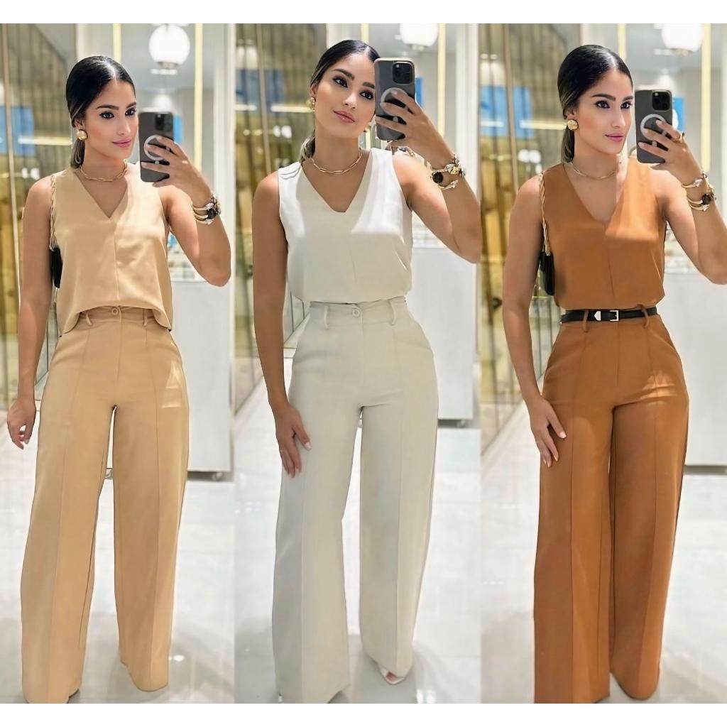 🛍️ Calça Alfaiataria Feminina Wed Leg Pantalona Zara Com Cinto Fino Social Cintura Alta Elegancia
