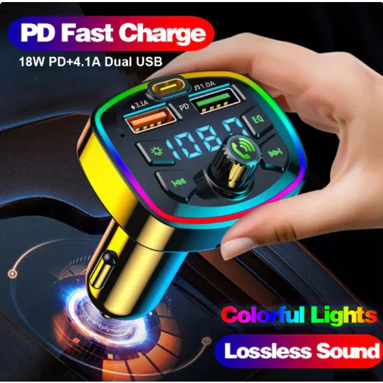 Transmissor de FM para Carro, Bluetooth 5.0, Dual USB, Carregador Tipo-C, Leitor MP3