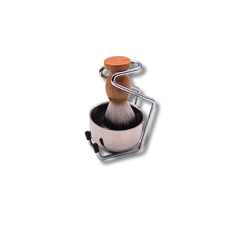 Conjunto Cumbuca de Barbear com Pincel de Madeira e Tigela de Aço Inoxidável - Suporte Incluso
