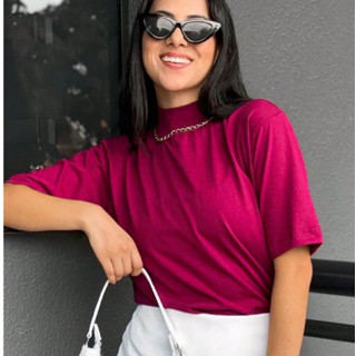 Blusa Básica Feminina Algodão Tshirt Gola Alta Ribana em Oferta na Shopee