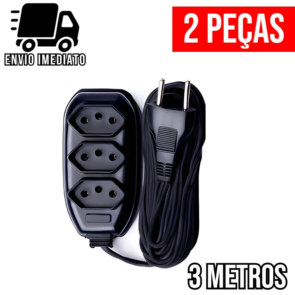 Kit 2 Extensão Elétrica 3 Metros Bivolt com 3 Tomadas 110v Tripolar Alexa Compacta