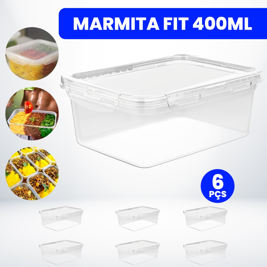 Kit 6 Marmita Fit Potes 380ML Com Tampa 4 Travas Livres de BPA