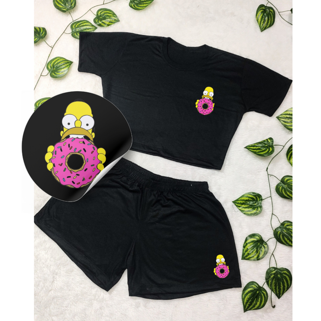 Conjunto Feminino Homer Simpson Blusa Cropped + Short Estampada  Roupa Feminina Kit academia