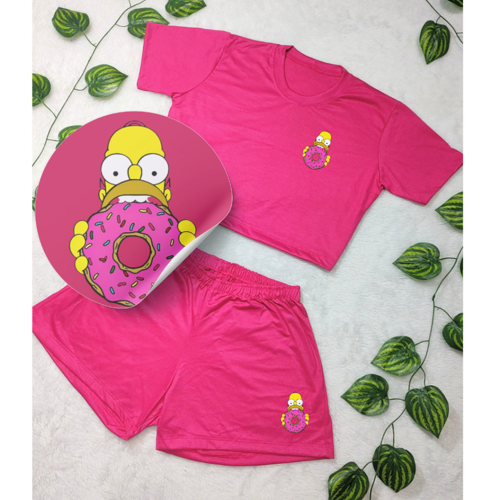 Conjunto Feminino Simpson Blusa Cropped + Short Estampada  Roupa Feminina Kit academia homer