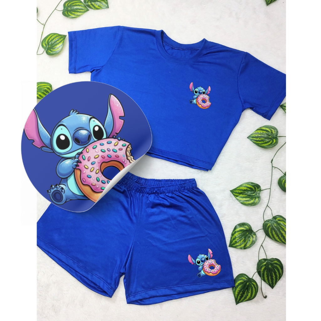 Conjunto Feminino STITCH Blusa Cropped + Short Estampada  Roupa Feminina Kit academia