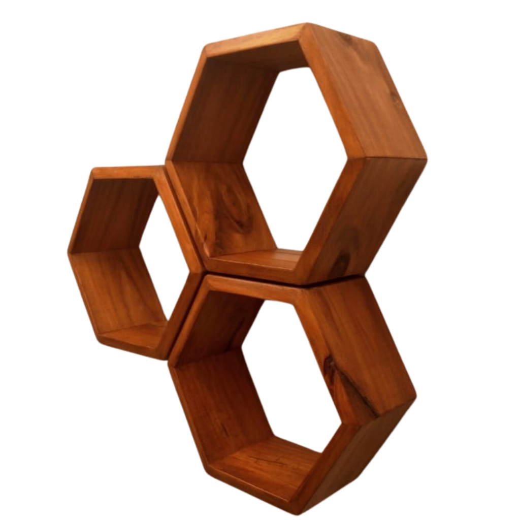 Kit 3 Nichos Hexagonais em Madeira de Pinus Colmeia Decorativo