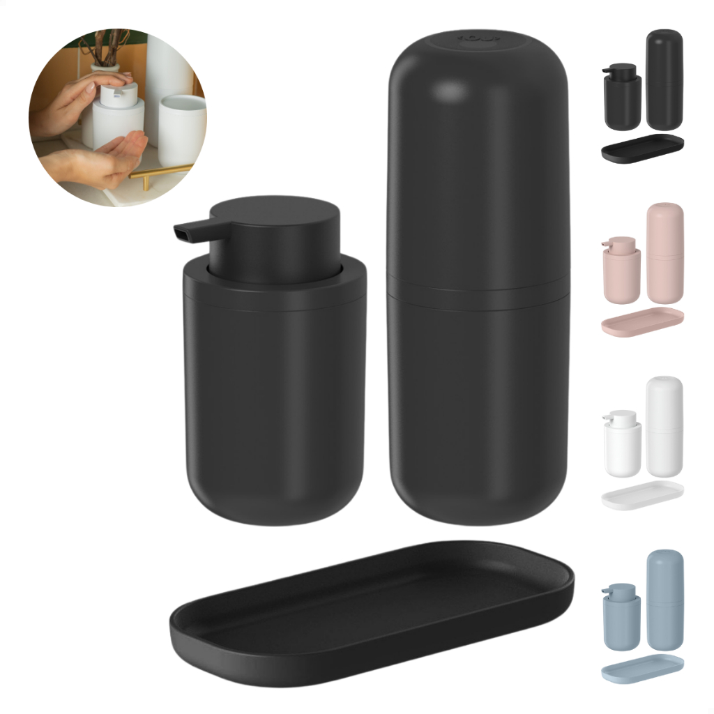 Kit Banheiro 3 Peças Bold com Porta Sabonete Líquido Porta Escova De Dentes e Bandeja Ou