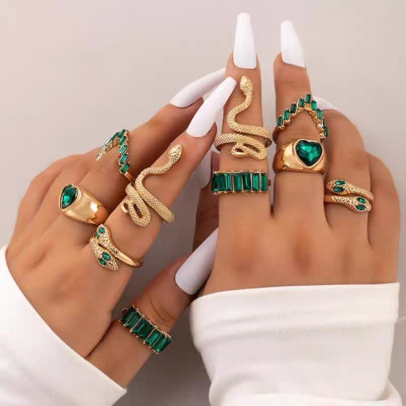 Conjunto de 5 peças Novo Estilo Retro Fashion Metal Snake Ring com Diamantes Várias Cores Disponíveis