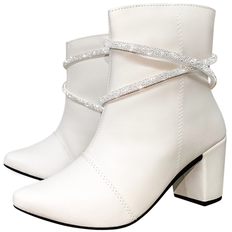 Bota Feminino Bico Fino Com Tiras De Strass Salto Bloco Bota Fashion Confortável Ref. 20/131