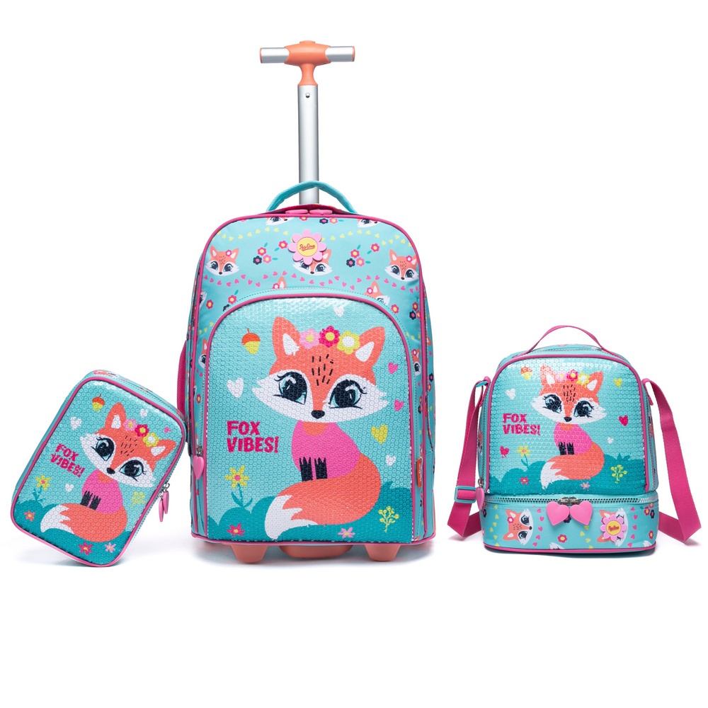 Kit Mochila Rodinha Raposa Feminina Menina Infantil Escolar Lancheira Térmica Estojo Organizador