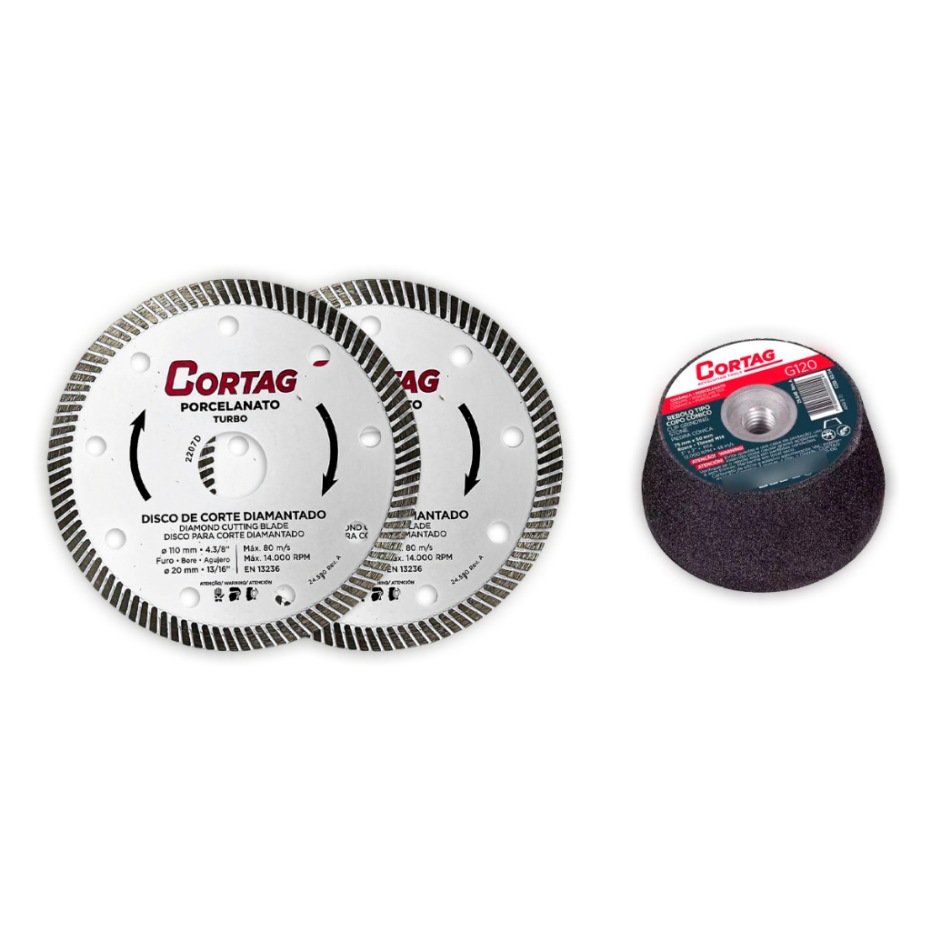 Rebolo Copo Cônico para Esmerilhadeira Cortag + 2 Discos de Corte Diamantado Turbo 110mm Kit