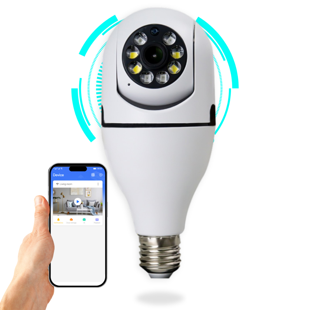 Câmera de Segurança IP Lâmpada Espiã Wi-Fi 1080p Panorâmica 360º Visão Noturna Detecção Movimento - Cameras & Drones