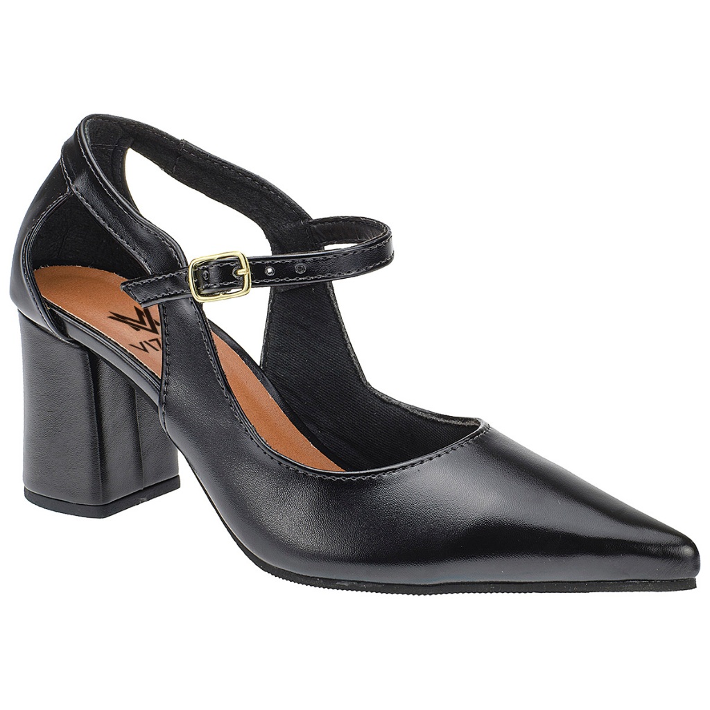 Scarpin Sapato Feminino Bico Fino Salto Medio Quadrado Alto Fivela 3040