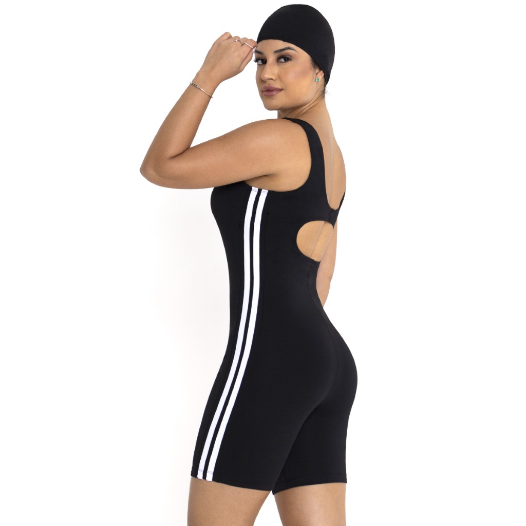 Kit maiô macaquinho fitness hidroginástica alça larga detalhe listra lateral com touca esportiva