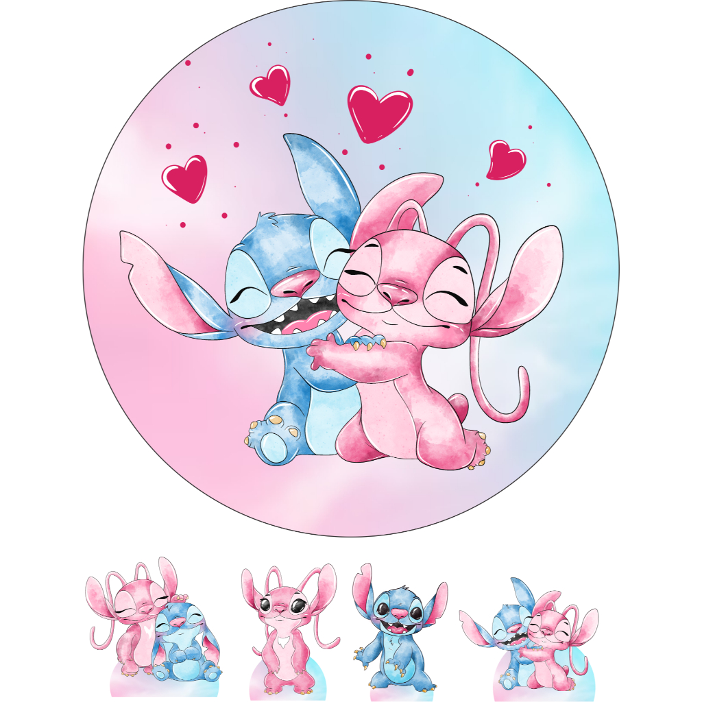 KIT DISPLAYS + PANEL DE 50CM  STICH E ANGEL - FESTA E DECORAÇÃO