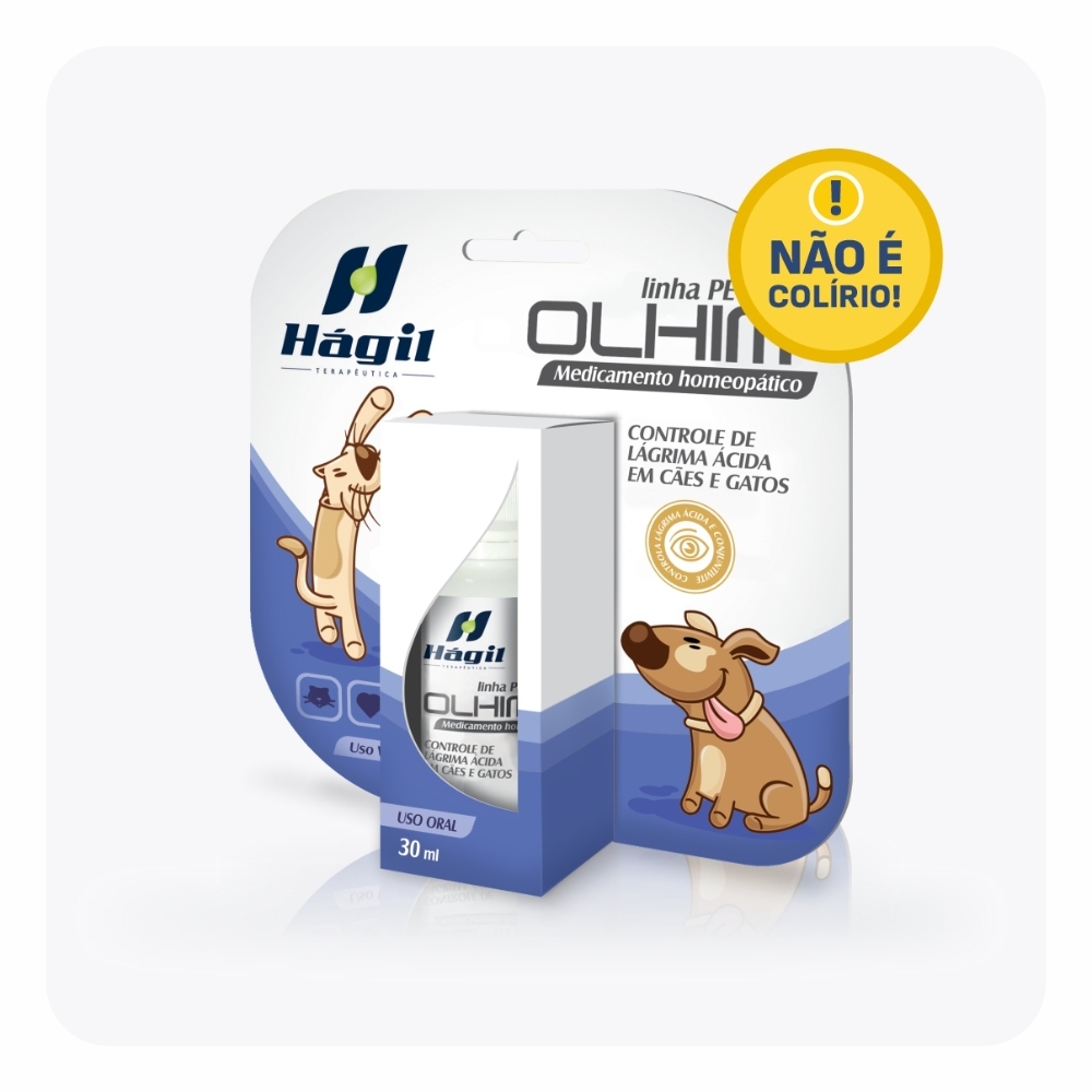 Olhim homeupatia Hagil Pet indicado para tratamento de lágrimas ácidas e conjuntivite e diversos problemas oculares.