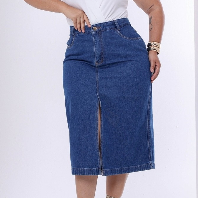 Saia Jeans Feminina Midi Abertura Plus Size Tendência em Oferta na Shopee
