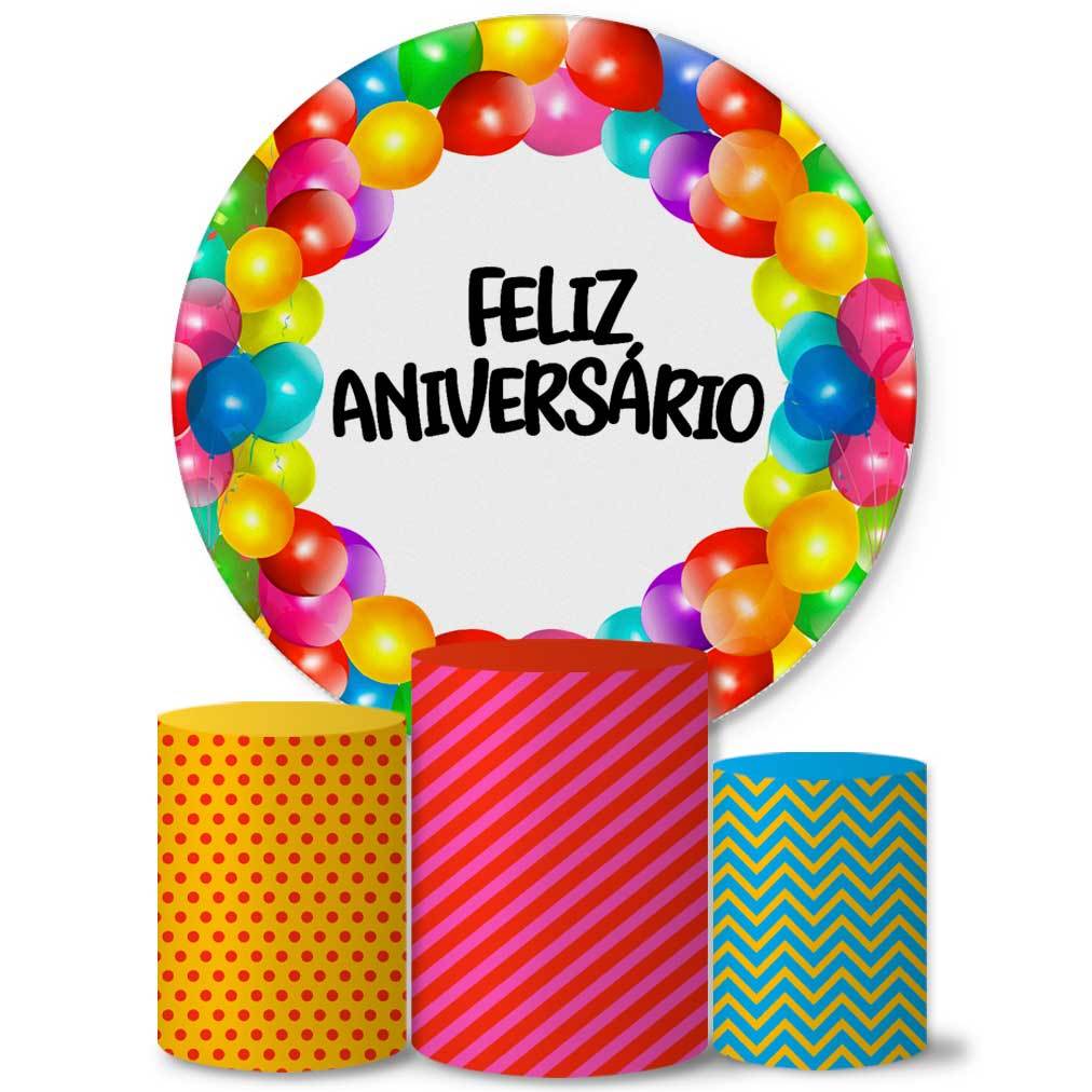 Trio Capas Cilindros + Painel Tema Feliz Aniversário Colorido Veste Fácil em Oferta na Shopee