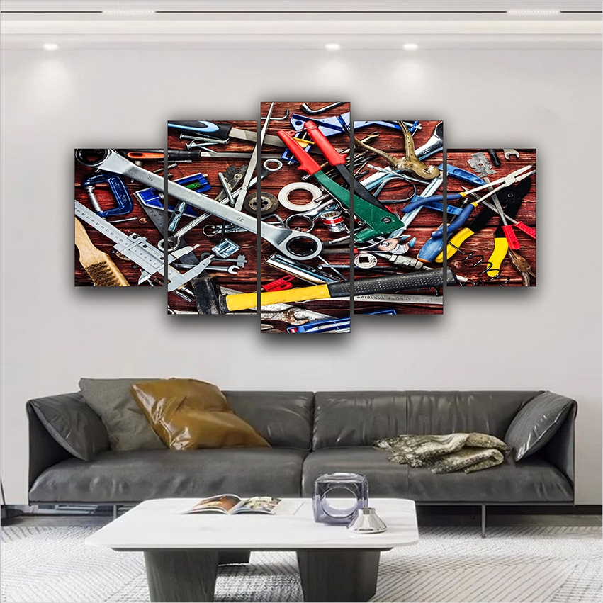 Quadro Decorativo Caixa de Ferramentas Mecânica Indústria Escritório 5 PEÇAS