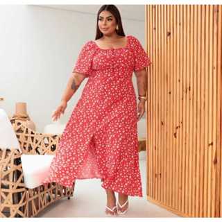 Vestido Plus Size Florido Estampado Manga Curta e Fenda G1 G2 em Oferta na Shopee