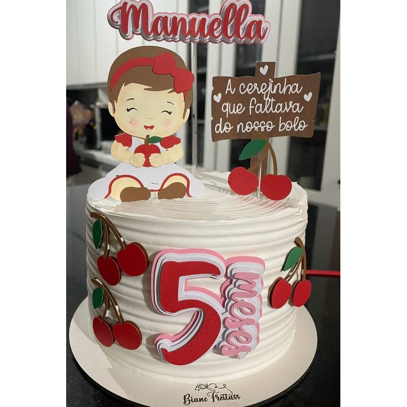 Topo de Bolo - Topper de Bolo Personalizado Aniversário Mesversário Cerejinha