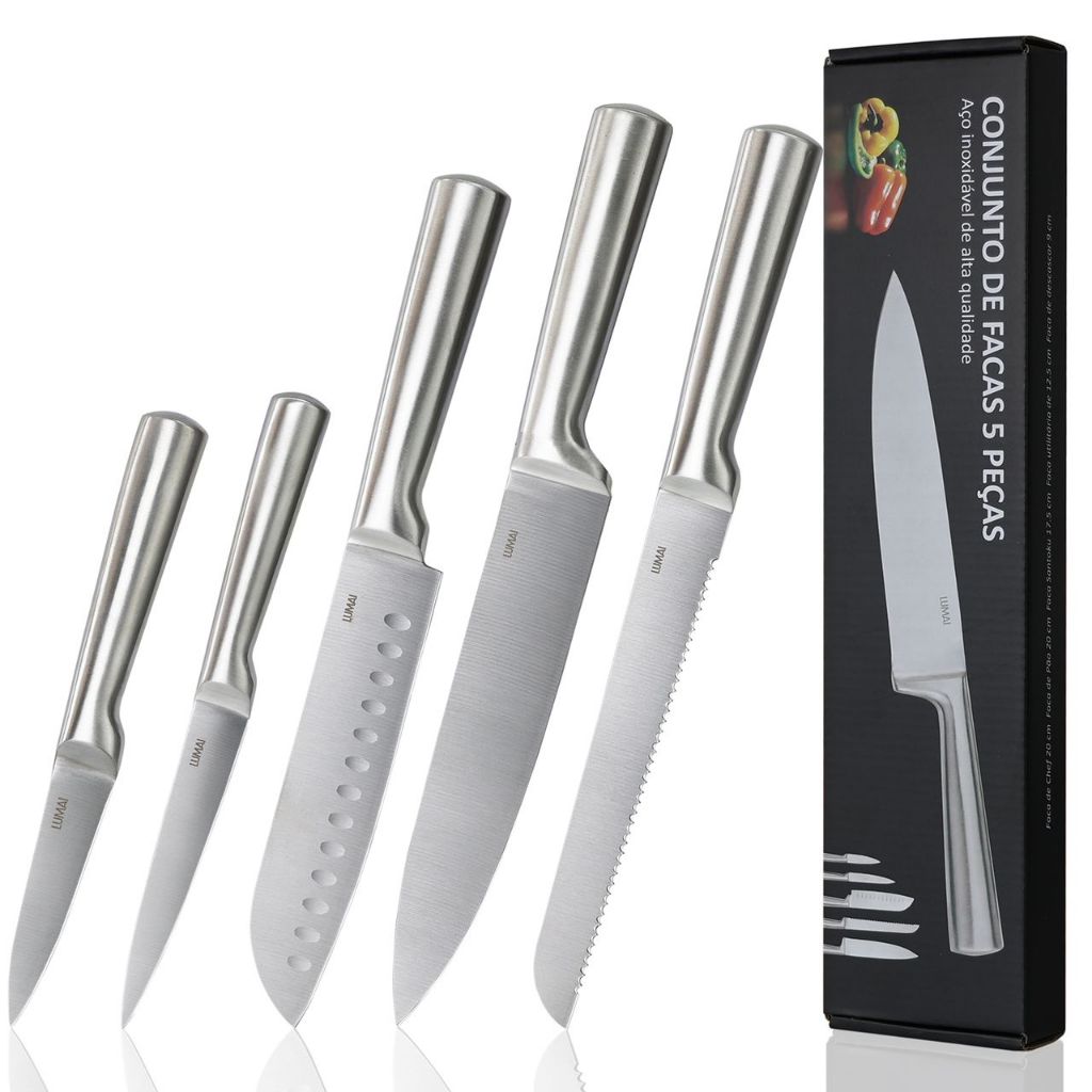 Conjunto Premium de 5 Facas Grandes Faqueiro Completo de Aço Inoxidável LUMAI Faca do Chef...