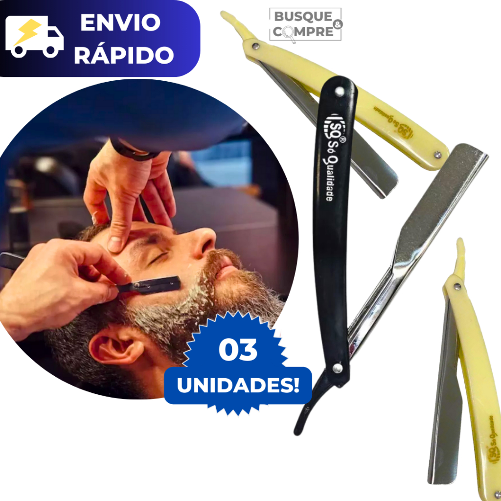 Kit 3 Navalhetes para Barbear Branco Preto Barbearia Navalha Cortes Navalhete Afiado Metal Plástico