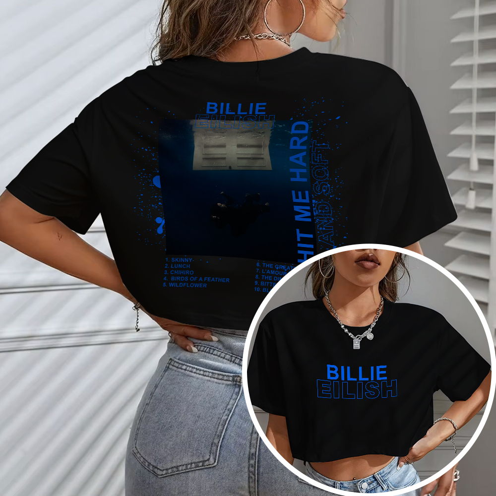 Blusa Cropped OVERSIZED T-shirt Frente E Costas Billie Eilish Hit Me Hard And Soft Álbum Cantora em Oferta na Shopee