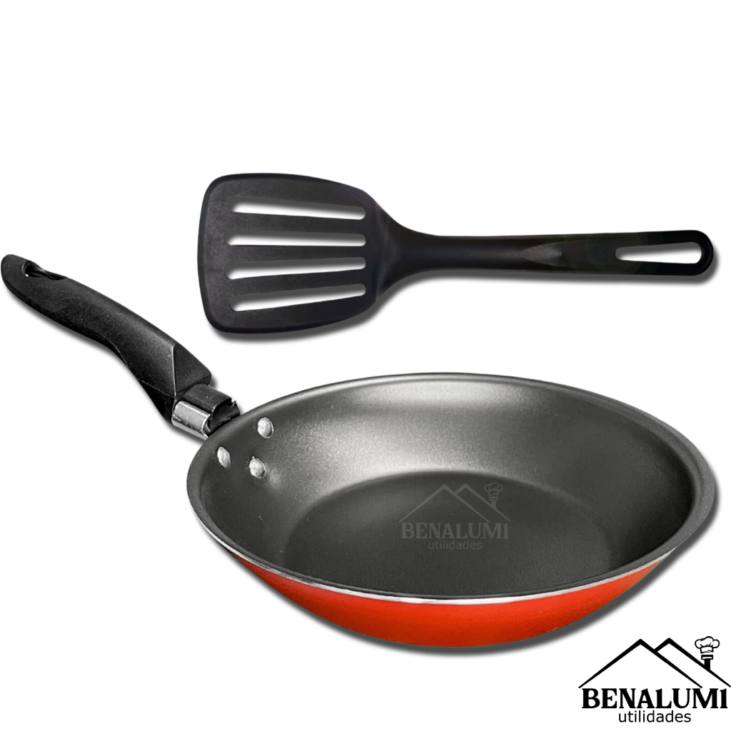 Frigideira Francesa 18cm Antiaderente Vermelha + Espátula Nylon