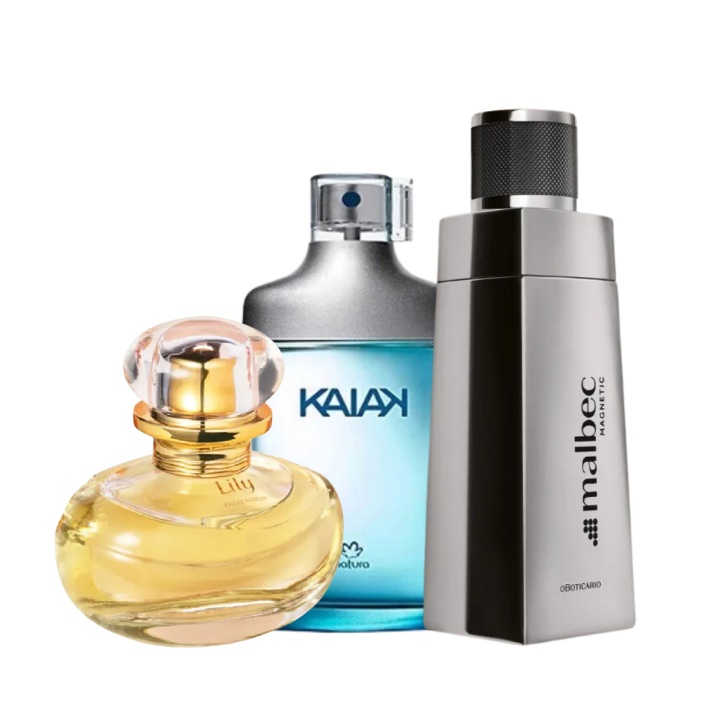 Kit 3 Perfumes Corporal Kaiak + Lily + Magnetic Malbec - Casal Ele Ela 100ml