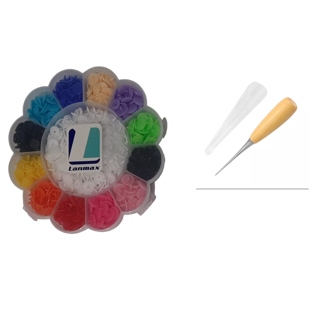 Kit 180 Botões De Pressão Plástico Colorido N°12 Com Estojo Lanmax Agulhão Manual Cabo Madeira