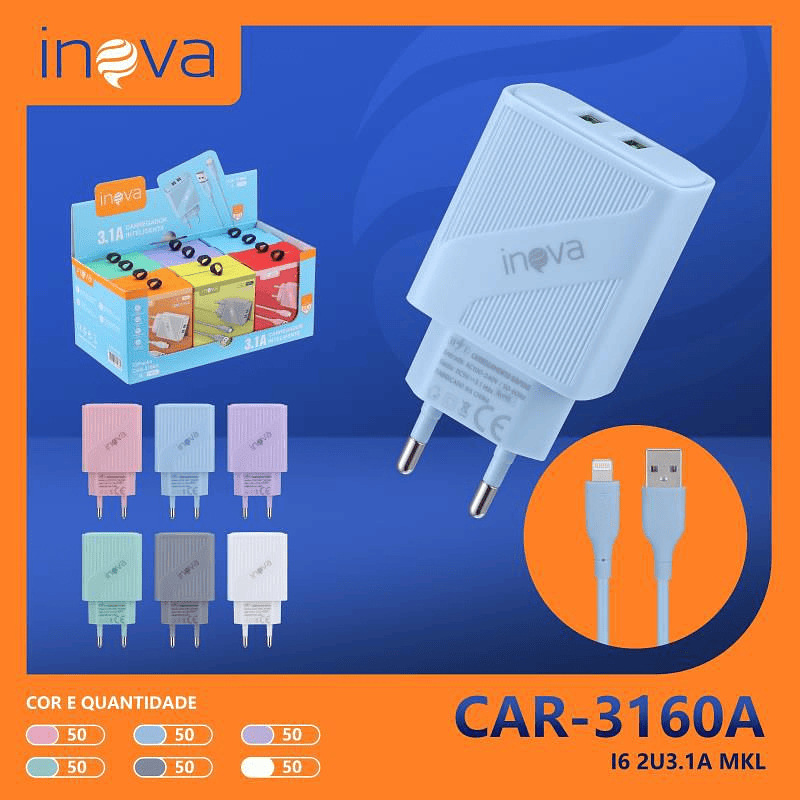 CARREGADOR COM CABO SEPARADO IOS-I-PHONE  3.1A COLORIDOS CAR-3160A em Oferta na Shopee