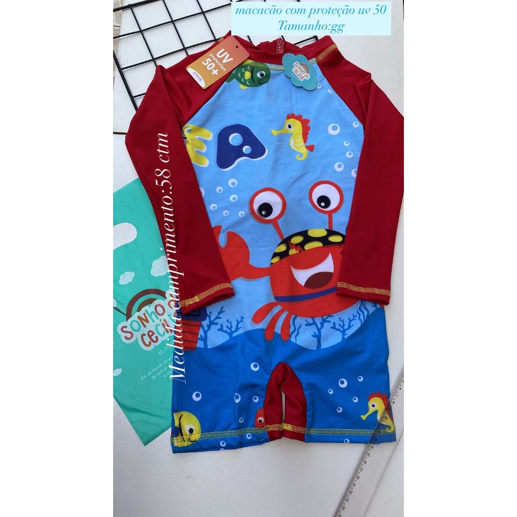 Macacão Infantil Masculino com proteção uv 50 Carangueijo