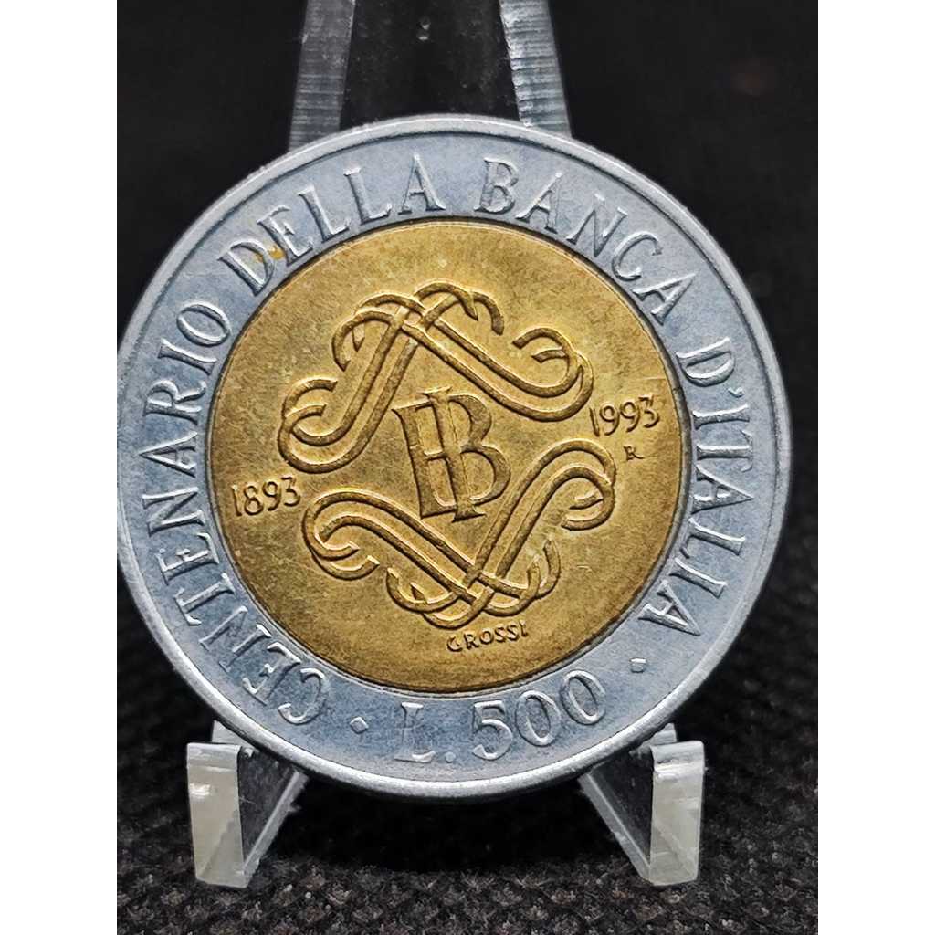 Moeda Itália 500 Liras Bimetalica Comemorativa 100 ano banco da Itália