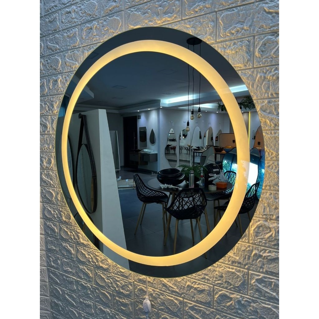 Espelho Redondo Polido 80x80cm Com Led Jateado Luz Amarela 3000k Para Quarto Sala Banheiro Salão