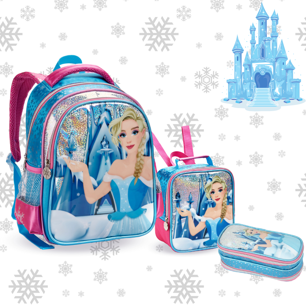 Mochila Infantil Menina Escolar Princesa do Gelo com Glitter Bolsa Feminina Grande Reforçada Lancheira Térmica e Estojo