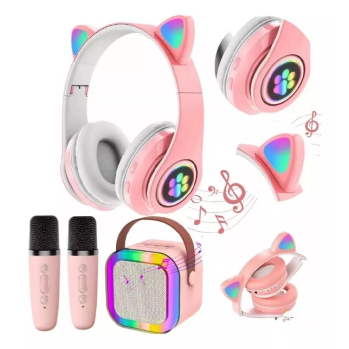 Fone Gatinho Infantil + Caixa De Som Karaokê Com 2 Microfone em Oferta na Shopee