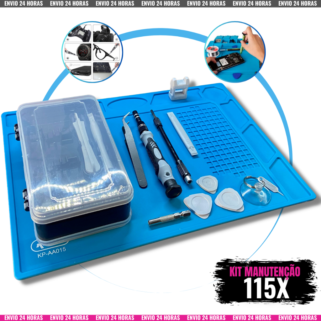 Kit Completo Manutenção Celular Jogo De Chaves 115 Peças + Manta Antiestática de Silicone 32x23cm
