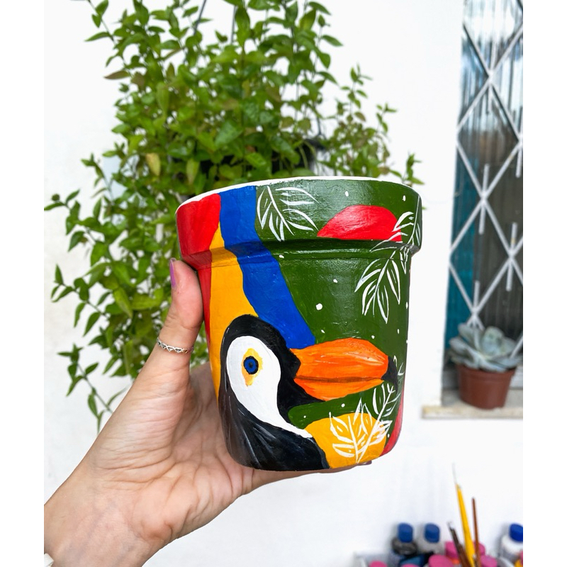 Vaso barro Tucano | decoração | vaso para planta | pintado a mão
