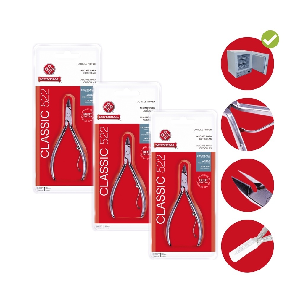 Kit 3 Alicates Cutícula Mundial 522 Classic Afiado